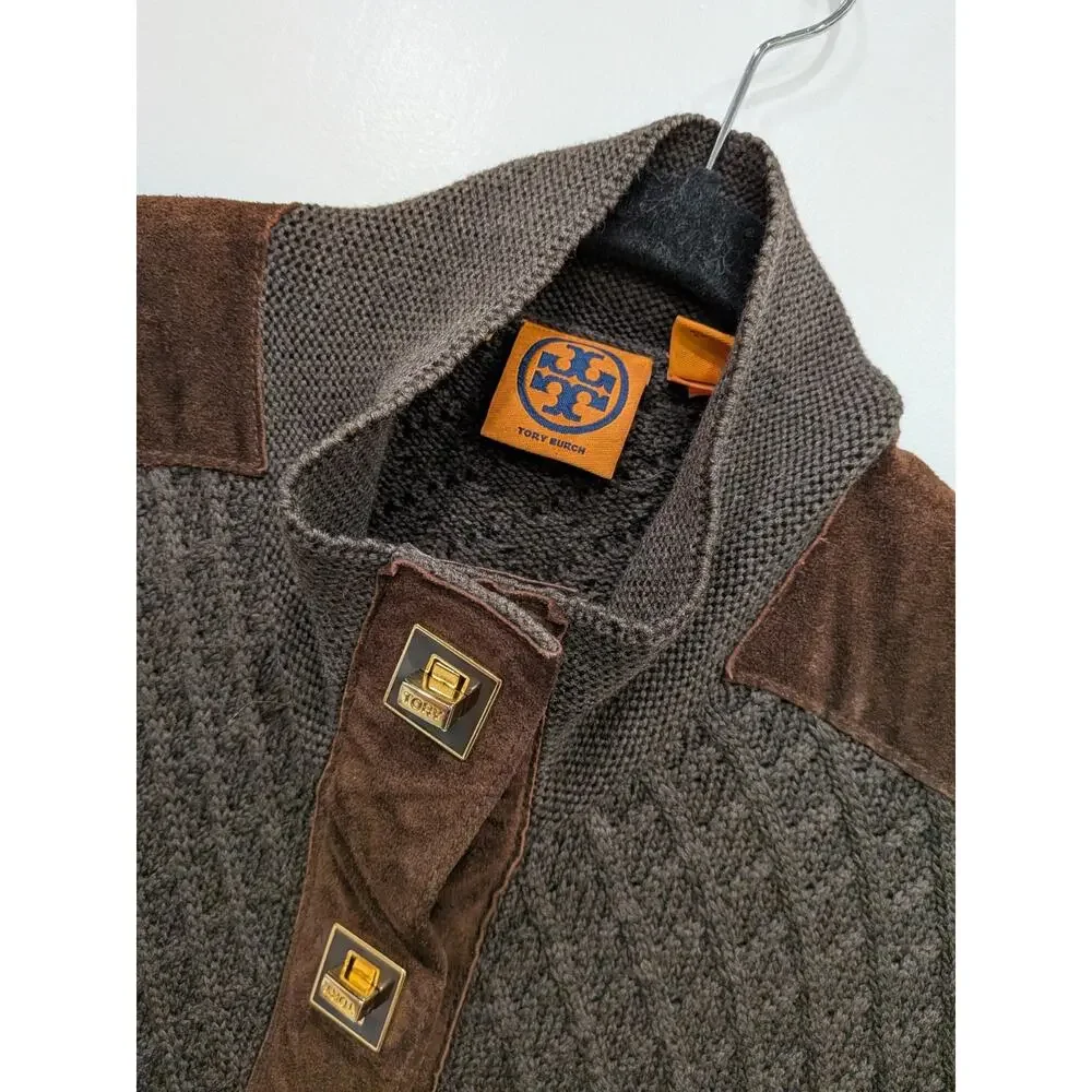 $600 TORY BURCH Tweed Wool Knit Suede Trim Gold Turn Lock Buttons Sweater Coat L